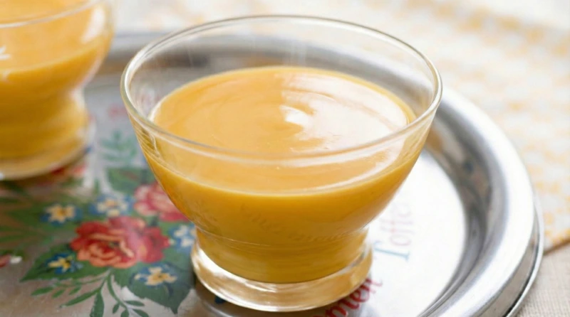 Cremiger gelber Advocaat Eierlikör Dessert im Glas serviert.